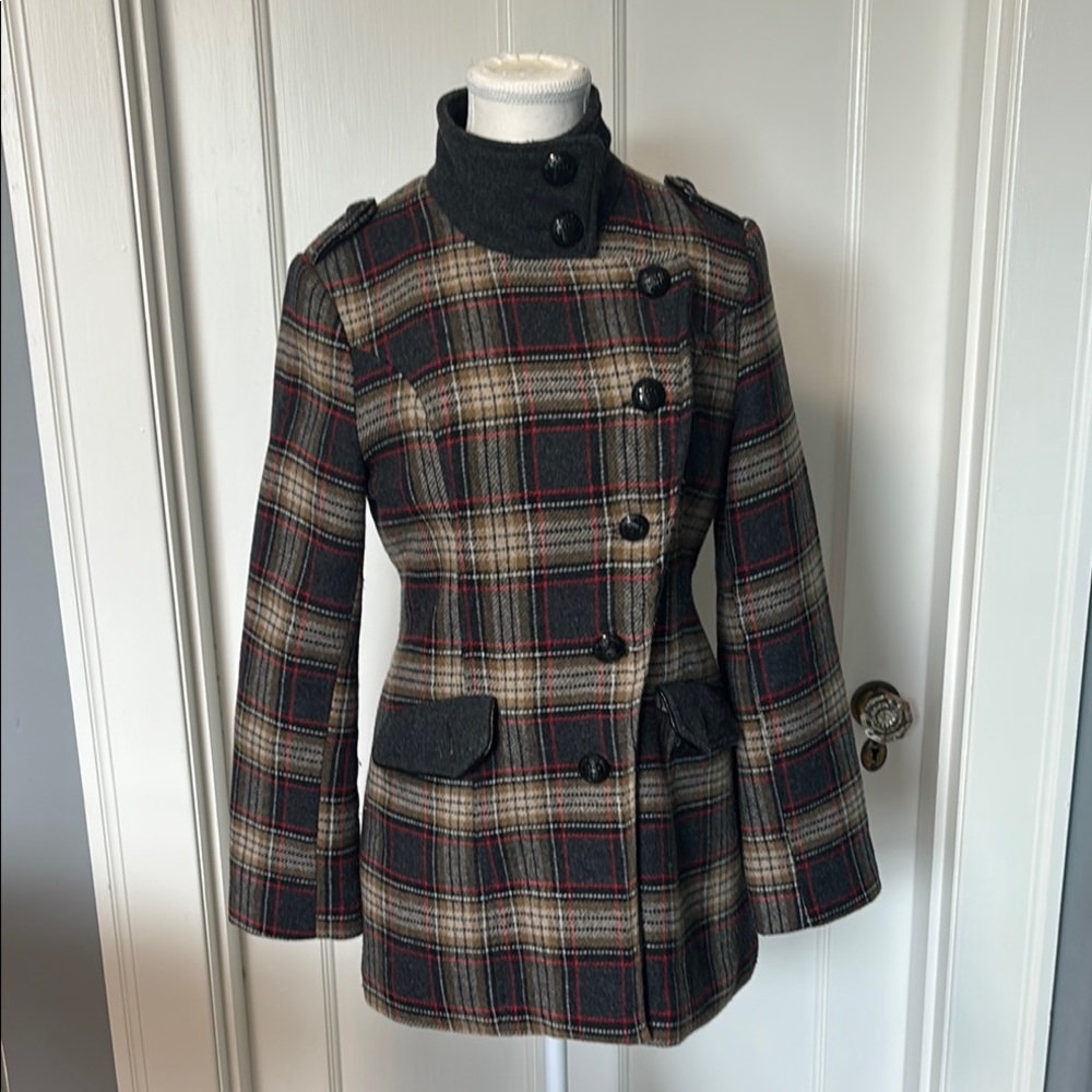 Vigoss Plaid Pea Coat - Black and Red